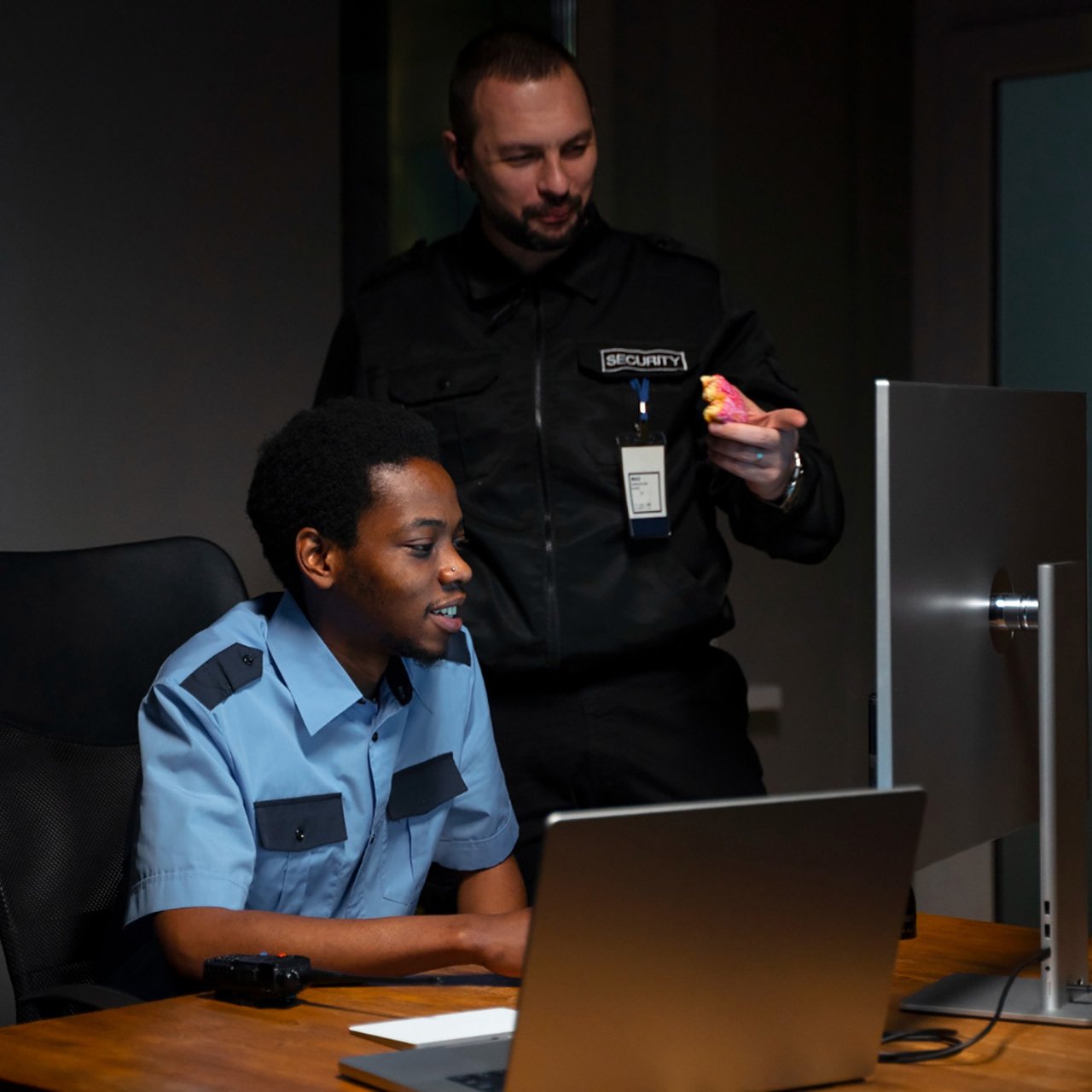 A professional security officer in a clean white uniform and cap, holding a walkie-talkie and looking alert while on duty. The uniform features a 'Security' gold embroidery and an official Guardion Protection badge.